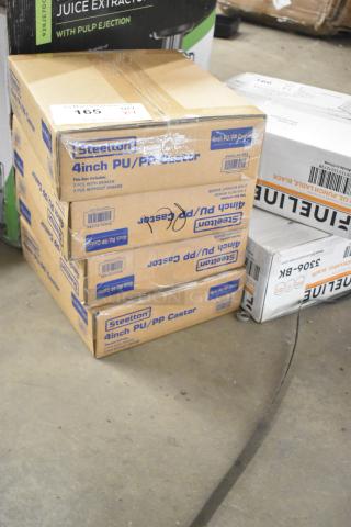 Stack of four Steelton 465CASTER4 boxes containing 4" poly casters; two have brakes. New with minor scratches and dents.