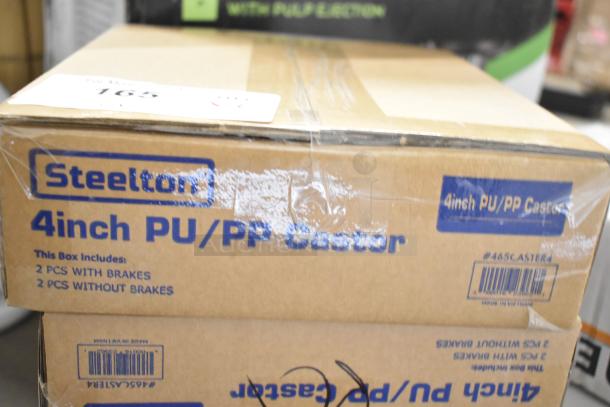 4 boxes of Steelton 465CASTER4, 4" poly casters, new but with scratches and dents. Each box: 2 with brakes, 2 without.
