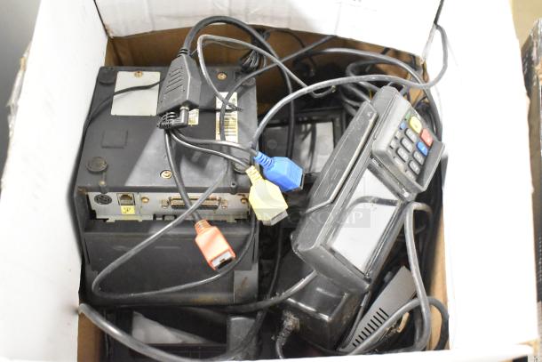 Box of 5 mixed items including a receipt printer and credit card reader. Various cables and connectors visible.