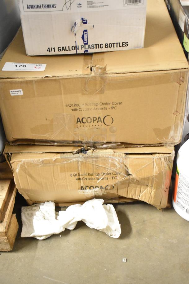 Two new Acopa 8 Qt. Round Roll Top Chafer Covers in original, slightly damaged boxes. Chrome accents indicated.