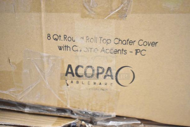 Acopa 8 Qt. Round Roll Top Chafer Cover, brand new with scratch and dent, chrome accents, in box.
