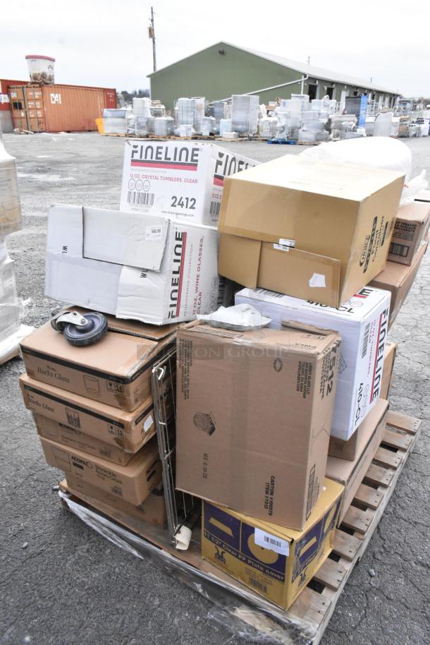 Palette of assorted boxed items, including Fineline crystal tumblers, and rocks glass. New condition, some boxes dented.