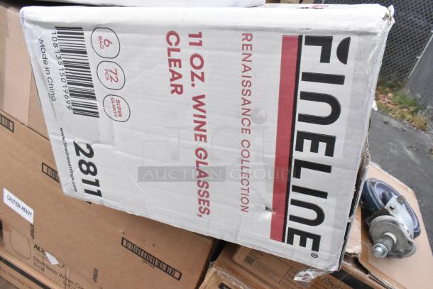 Cardboard box labeled "Fineline Renaissance Collection 11 oz. Wine Glasses, Clear," showing minor dents; 6 bags, 72 pieces.