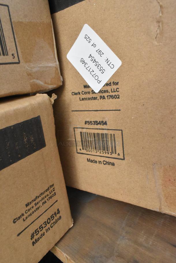Cardboard boxes labeled "Clark Core Services," containing scratch and dent items, 27 units per bid. Made in China.