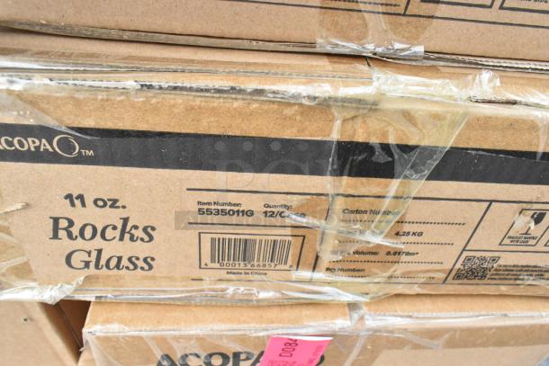 27 boxes of Acopa 11 oz. Rocks Glasses, item number 5535011G, 12 per case, new condition, with minor box dents.