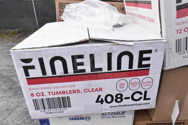 Box of Fineline 8 oz. clear tumblers, Savvi Serve Collection, new scratch and dent, 500 pieces, item 408-CL.