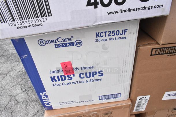 Box of AmerCare Royal KCT250JF kids' cups, lids, and straws, 250 count, Jungle Friends theme, with a pink $1 sticker.