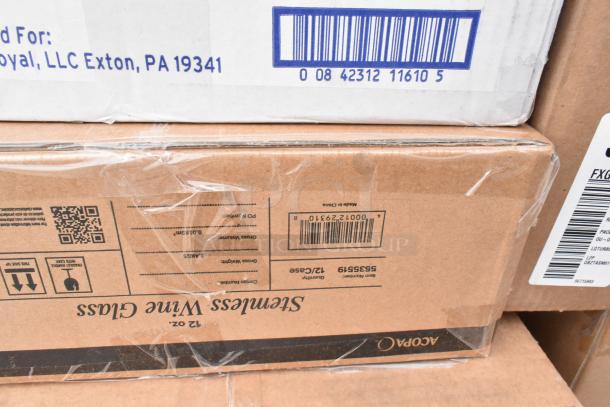 Cardboard boxes labeled "Acopa Stemless Wine Glass, 12 oz, 12/Case," featuring multiple barcodes and shipment details.