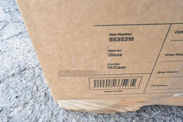 Cardboard box label showing item number 5535316, material glass, quantity 12 per case, made in USA.