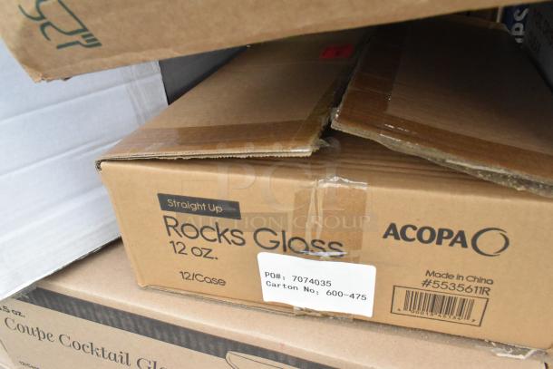 Cardboard box labeled "Acopa Straight Up Rocks Glass 12 oz, 12/Case," brand new condition with shipping label visible.