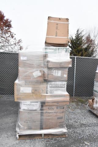 Stack of boxes on a pallet, wrapped in plastic. Labels indicate contents: hot cups, containers, gloves, and cutlery. Scratch and dent condition.