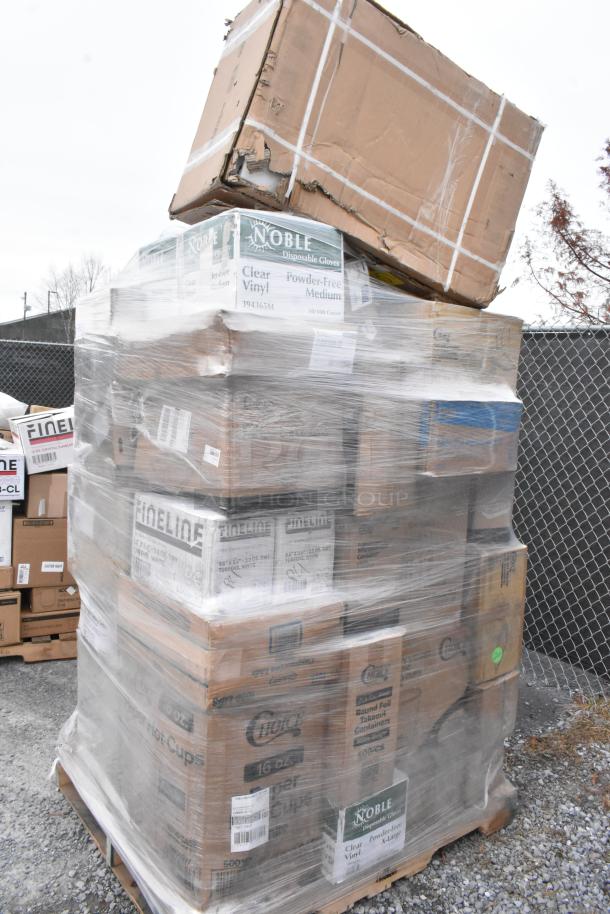 Pallet of 35 assorted new scratch and dent items, including hot cups, containers, cold cups, gloves, and plastic cutlery, wrapped in clear plastic. Boxes labeled "Noble Gloves" and "Fineline."