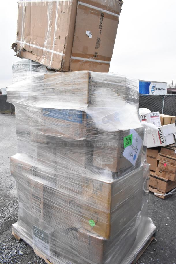 Pallet of 35 scratch and dent items including cups, containers, gloves, and cutlery wrapped in plastic; labels indicate mixed contents.
