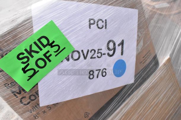 Pallet of 35 scratch and dent items, including hot cups and containers. Tags read "SKID 5 OF 5," "NOV25-91," and "876."