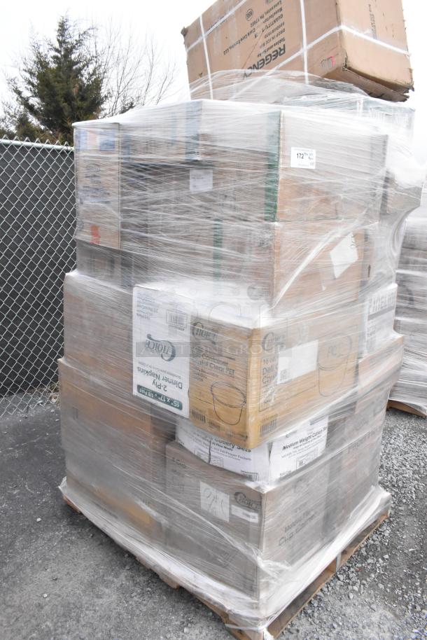 Pallet with 35 new scratch and dent items: hot cups, containers, cold cups, gloves, plastic cutlery, bulk packaging.