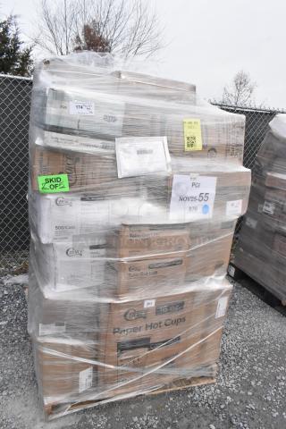 Pallet of 38 brand new scratch and dent items including paper towels, trash bags, gloves, and containers. Wrapped in plastic with visible labels.