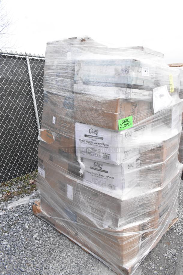 Pallet of 38 brand new, scratch and dent items, including paper towels and containers, wrapped in plastic. Labels visible.