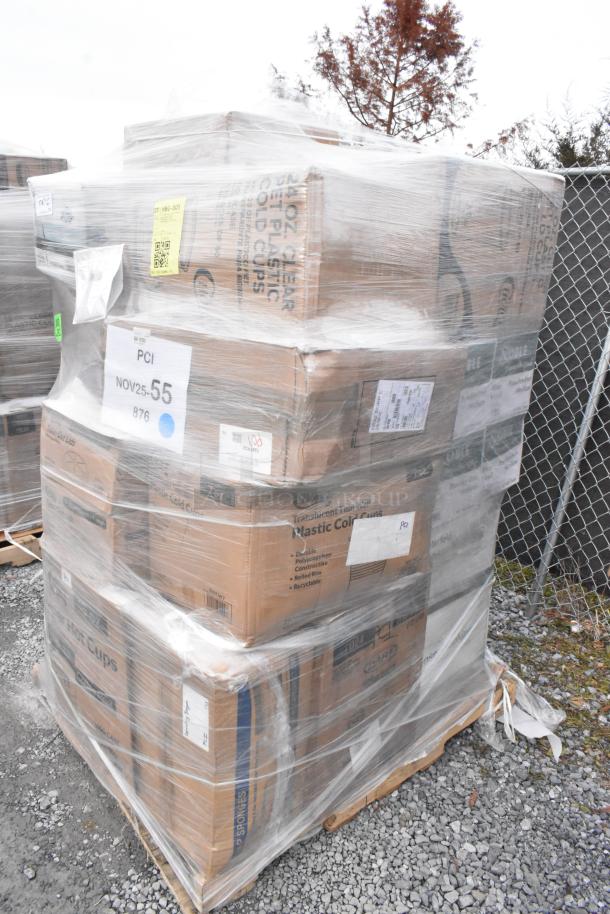 Shrink-wrapped pallet of 38 brand new scratch and dent items, including boxes labeled as plastic cold cups and other goods.