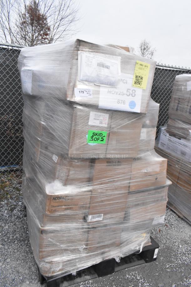 Pallet of 42 brand new scratch and dent items wrapped in plastic, includes lids, meat trays, containers, various labels visible.