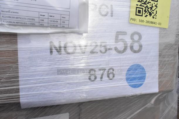 42 new scratch and dent items, including lids, meat trays, and containers. Pallet labeled with shipping info and barcode.