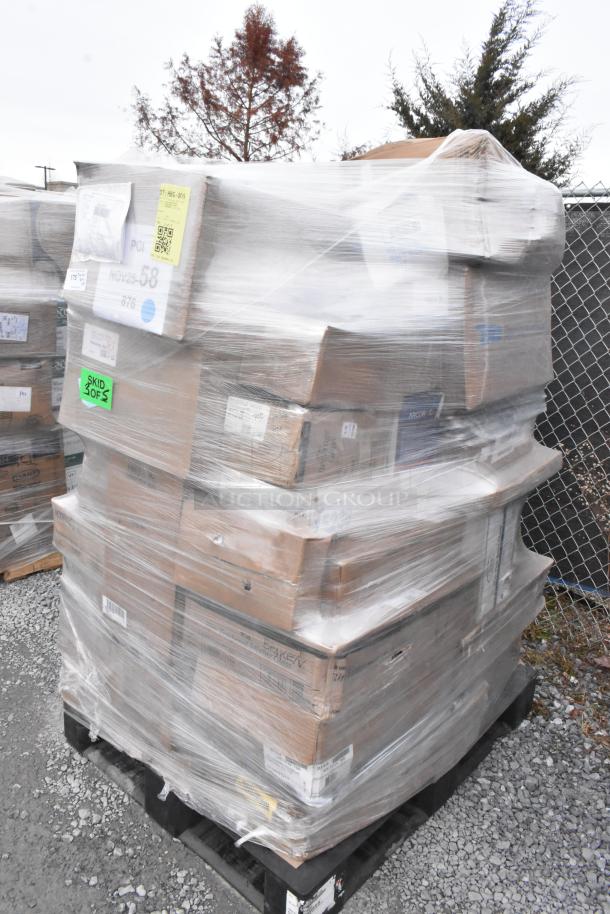 Shrink-wrapped pallet of 42 brand new scratch and dent items, including lids, meat trays, and containers. Markings indicate skid 3 of 5.