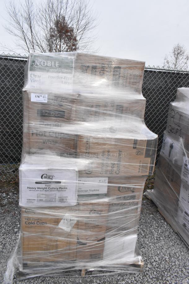 Pallet of assorted brand new scratch and dent items, including can liners, hot cups, food cups, and containers.