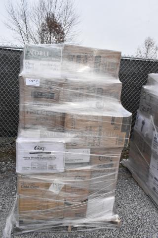 Pallet of assorted brand new scratch and dent items, including can liners, hot cups, food cups, and containers.