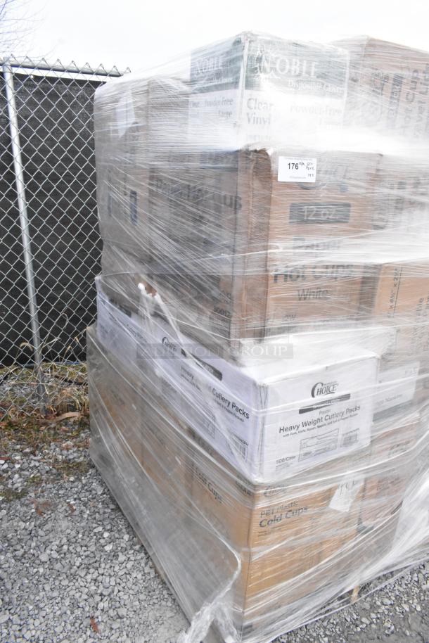 Pallet of boxed disposable items, including can liners, hot cups, food cups, wrapped in plastic. Brand new, scratch and dent.