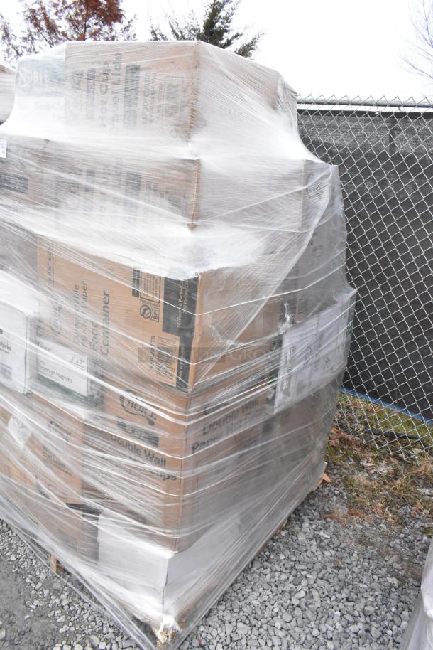 Pallet with 30 brand new scratch and dent items, including can liners and cups, wrapped in plastic for auction.