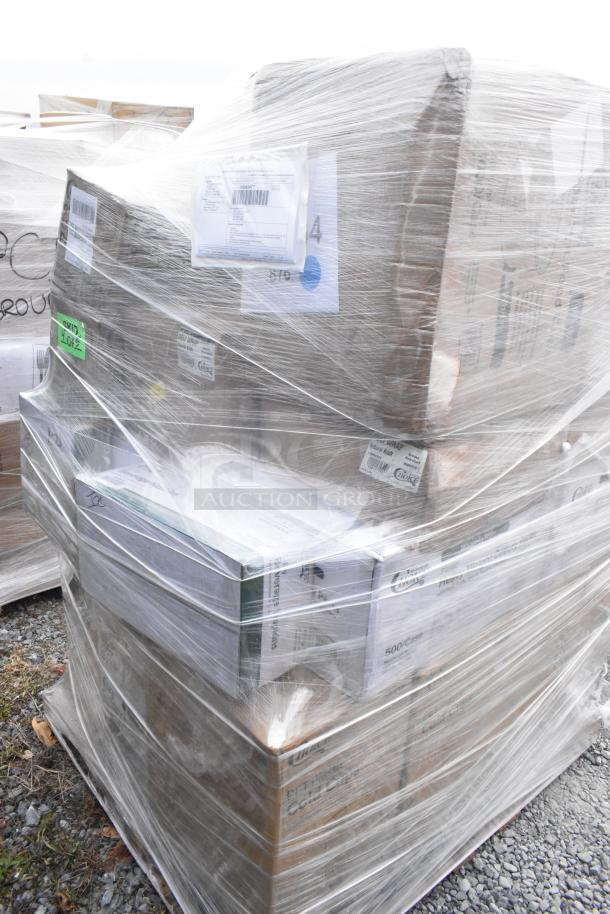 Pallet of 30 brand new scratch and dent items wrapped in plastic, including can liners, cups, and containers.