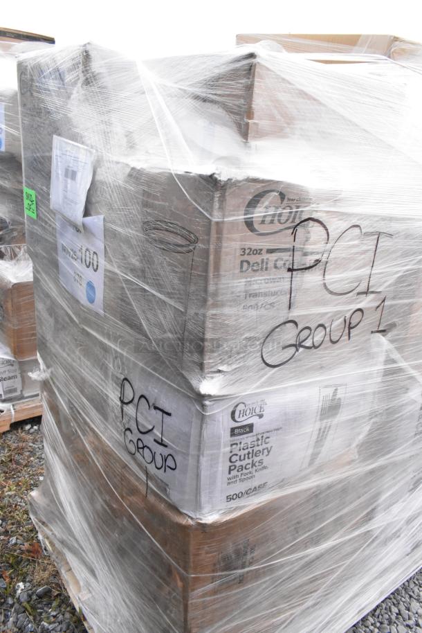 26 brand new scratch and dent items on pallet; includes Choice plastic cutlery packs. Boxes marked "PCI Group 1."