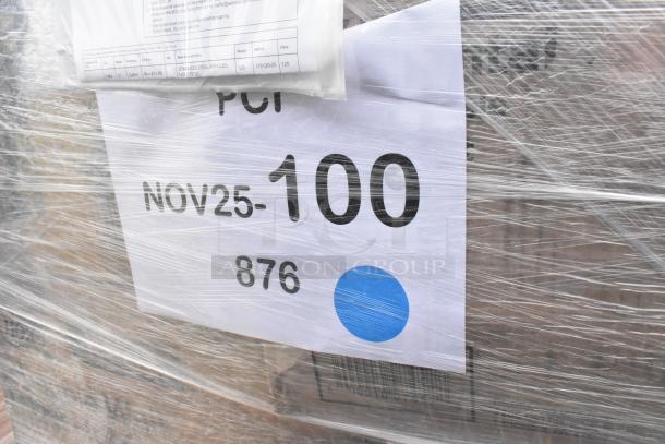 Palette wrapped with labels showing "NOV25-100" and "876." Contains 26 new items including trash bags, cups, cutlery.