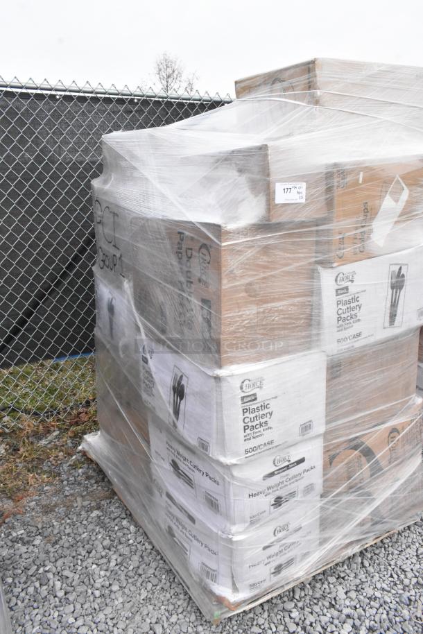 26-brand new scratch and dent items on a plastic-wrapped pallet, including Choice plastic cutlery and other packaging.
