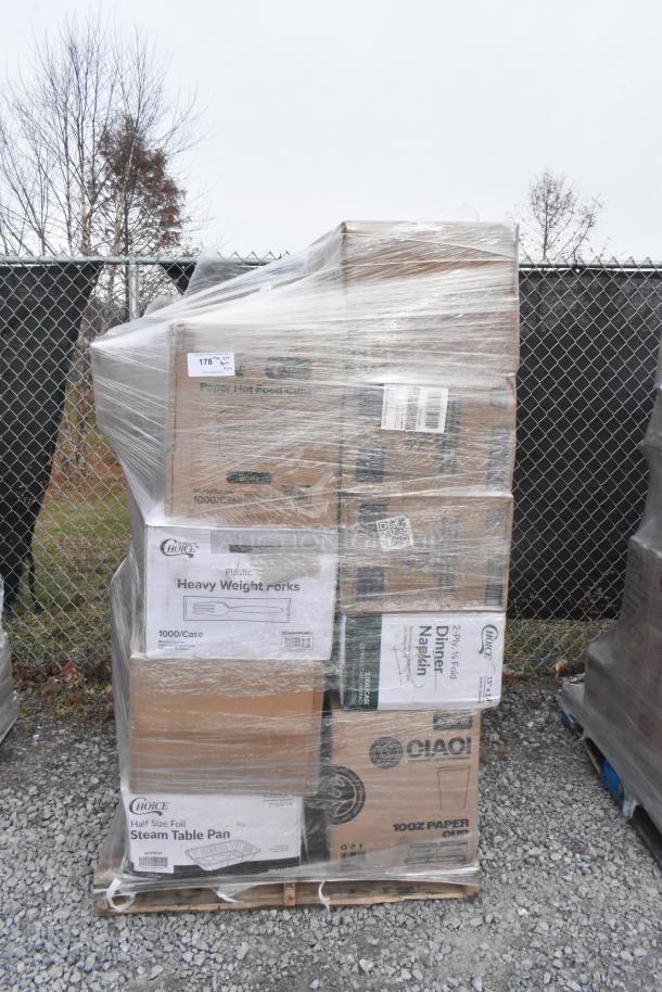 Pallet of 27 new scratch and dent items, including cold cups, steam table pans, and food cups, wrapped in plastic.