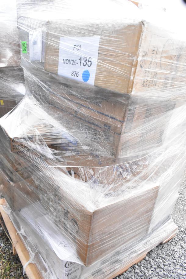 Pallet of 27 brand new scratch and dent items, including cold cups, steam table pans, and food cups, wrapped in plastic.