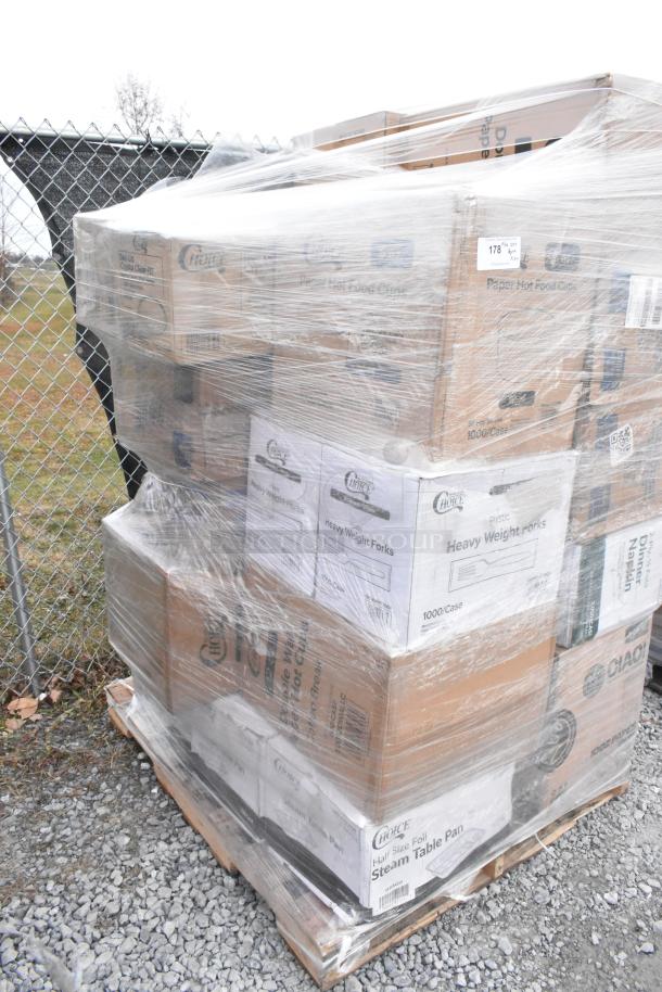 Pallet of 27 scratch and dent items, including cold cups, steam table pans, and food cups. Boxes labeled "Choice" and "Heavy Weight Forks."