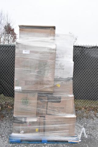 Shrink-wrapped pallet of 25 new scratch and dent items, including boxes labeled for cups and bags.