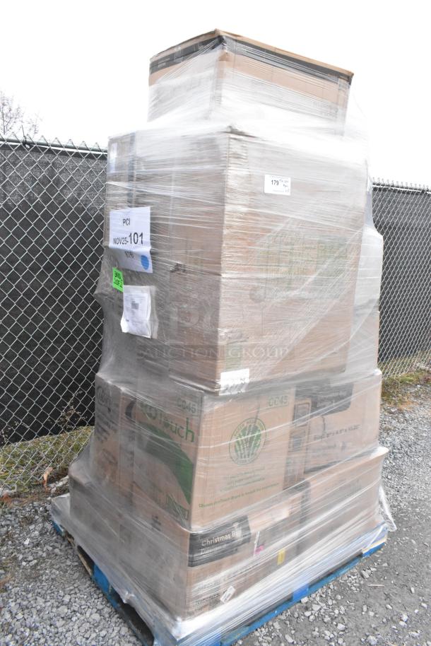 Pallet of assorted items including shopping bags, cold cups, portion cups, T-shirt bags; shrink-wrapped; labeled for auction lot.