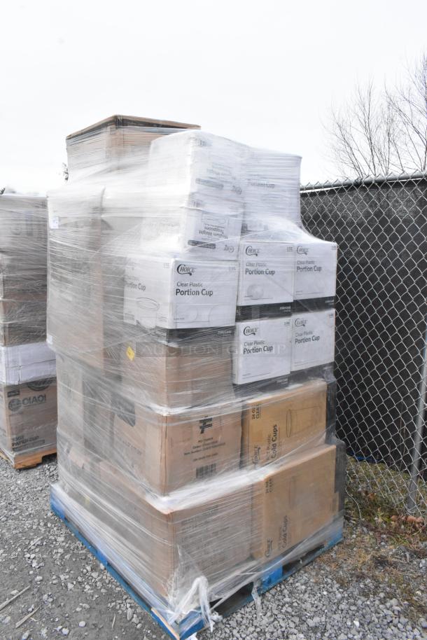 Pallet of 25 new scratch and dent items, featuring boxes labeled for portion cups and cold cups, wrapped in plastic.