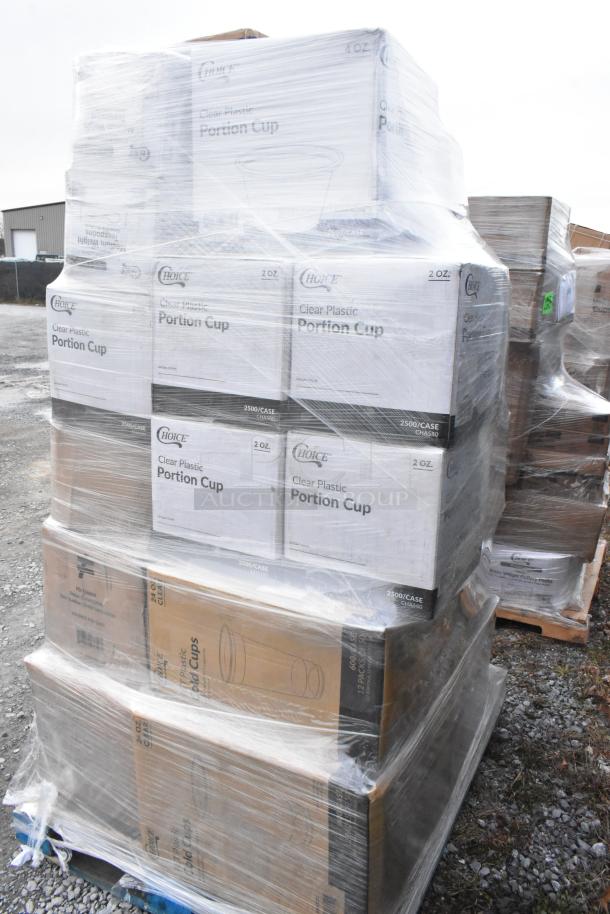 Pallet of various new items including portion cups, shopping bags, and cold cups. Boxes labeled "Choice Clear Plastic Portion Cup."