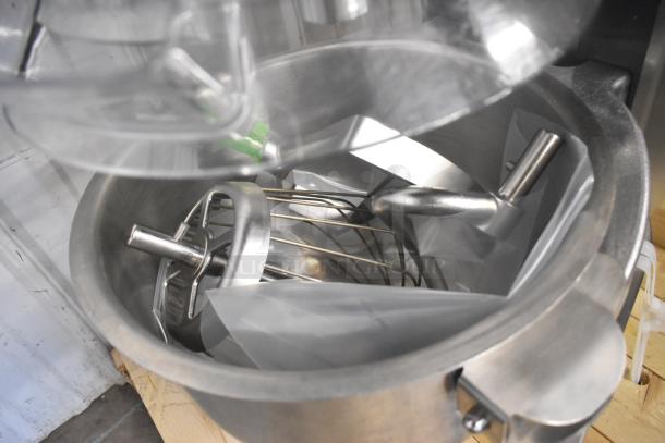 Brand new Varimixer V20KT 20-quart planetary dough mixer with mixing bowl, whisk, dough hook, and pastry attachments.
