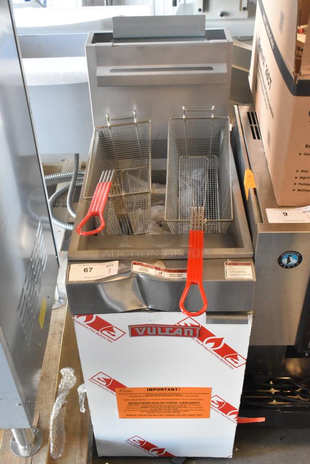 Brand new Vulcan LG300-2 propane deep fat fryer, 90,000 BTU, stainless steel, with metal fry baskets and protective film.