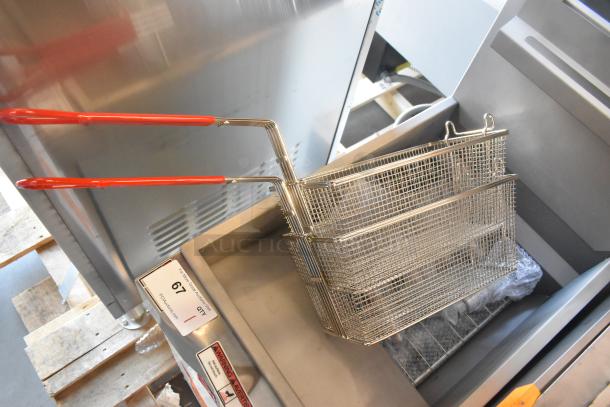 BRAND NEW Vulcan LG300-2 Stainless Steel Propane Deep Fat Fryer with metal baskets, 90,000 BTU, slight scratch and dent.