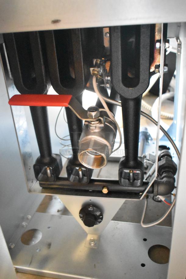 Vulcan LG300-2 stainless steel propane gas deep fat fryer, 90,000 BTU, brand new with minor dents, includes metal fry baskets.