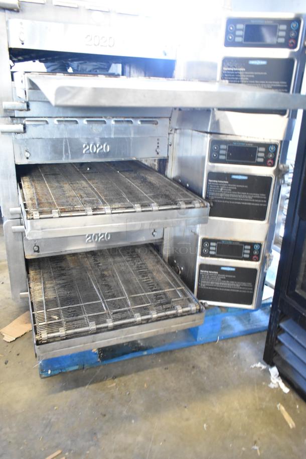 Three 2017 Turbochef HhC2020 stainless steel rapid cook conveyor ovens with stand on casters. 208/240V, 3-phase.