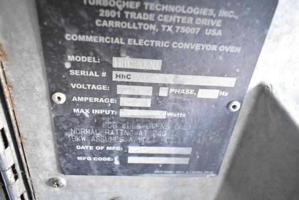 Turbochef HhC2020 label, showing model, serial number HhC2020ED06721, 208/240 volts, 3 phase, 40/40 amps.