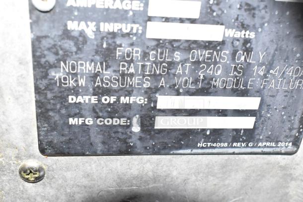 Close-up of label on a 2017 Turbochef HhC2020 electric oven, showing manufacturing details and power specifications.