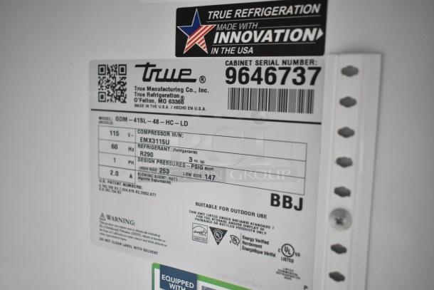 Label for True TBB-24-60G-HC-LD cooler, 115V, 1 phase, details specs like model, refrigerant R290, suitable for outdoor use.