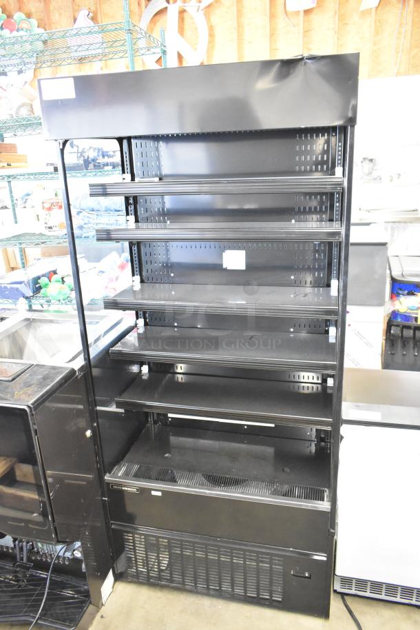 Hussmann MDN3575B1A 35" black vertical open air merchandiser, metal, 120/250V, 1 phase, features adjustable shelving.