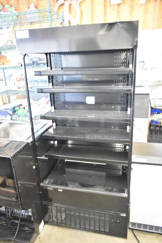 Hussmann MDN3575B1A 35" black vertical open air merchandiser, metal, 120/250V, 1 phase, features adjustable shelving.